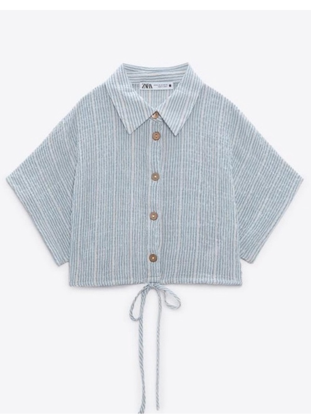 Zara Blue and White Striped Cropped Collar Shirt and Tie Waist